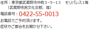 住所：東京都武蔵野市中町　3-5-13
                    モリパレス一階
                    武蔵野市民文化会館、隣
                    電話番号:0422-55-0013